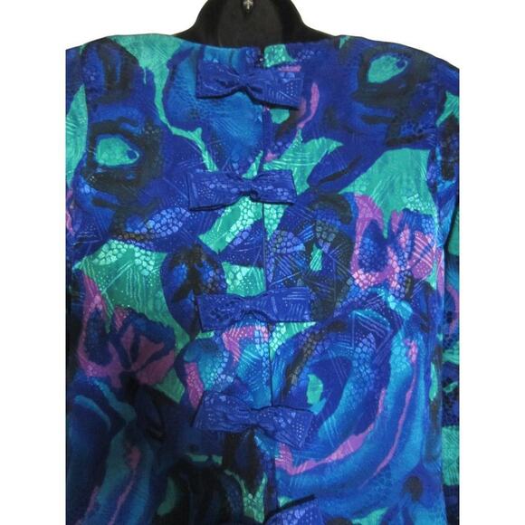 Vintage 80s Metallic Floral Party Dress Blue Green Plaza South Size 8 - Picture 6 of 8